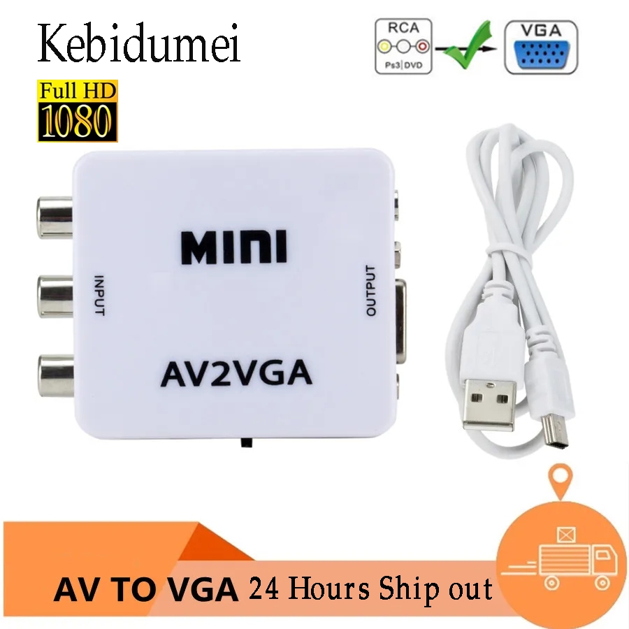 Mini RCA เป็น VGA Converter AV2VGA 1080P Converter 3.5 มม.RCA เป็น VGA Video Converter สําหรับ PC to