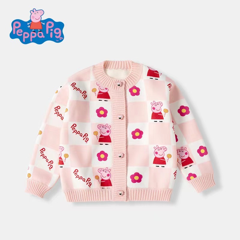 Peppa Pig เสื้อสเวตเตอร์คาร์ดิแกนเด็กผู้หญิงขนแกะชิ้นเดียวฤดูใบไม้ร่วงฤดูหนาว