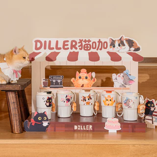 Diller Cat Tumbler Thermos Mug เคลือบเซรามิคเรียงรายถ้วยกาแฟฉนวนสูญญากาศสแตนเลส 340ml D9396