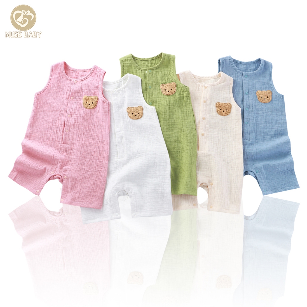 Bear Pattern Double-Layer Cotton Gauze Romper เด็กทารกชุดบอดี้สูทแขนกุด Onesies เสื้อผ้า