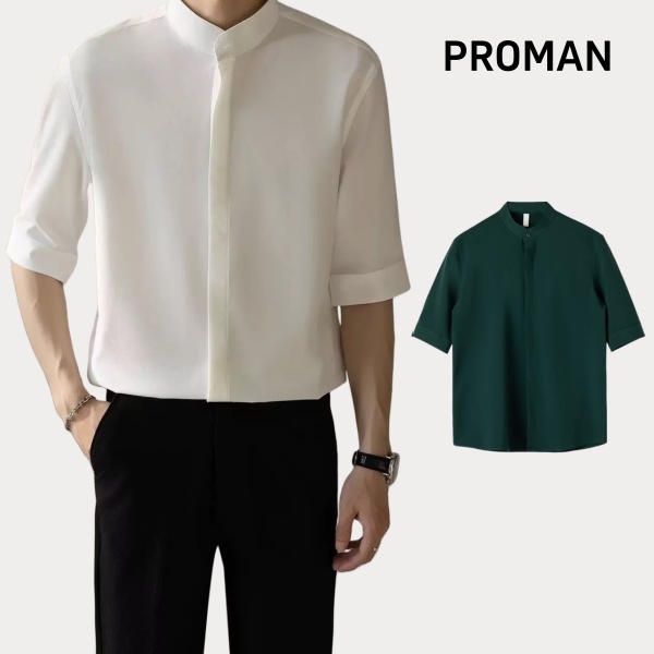 ⚡PROMAN⚡แชมป์คอกลมคอขวาง เสื้อเชิ้ตขาวสวยงาม ระยะแขนครึ่ง งานและสตรีตสไตล์ ทุกโอกาส