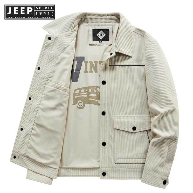 JEEP SPIRIT 1941 ESTD เสื้อแจ็คเก็ตลําลองผู้ชายฤดูใบไม้ร่วงผ้าลูกฟูกบางหลวม