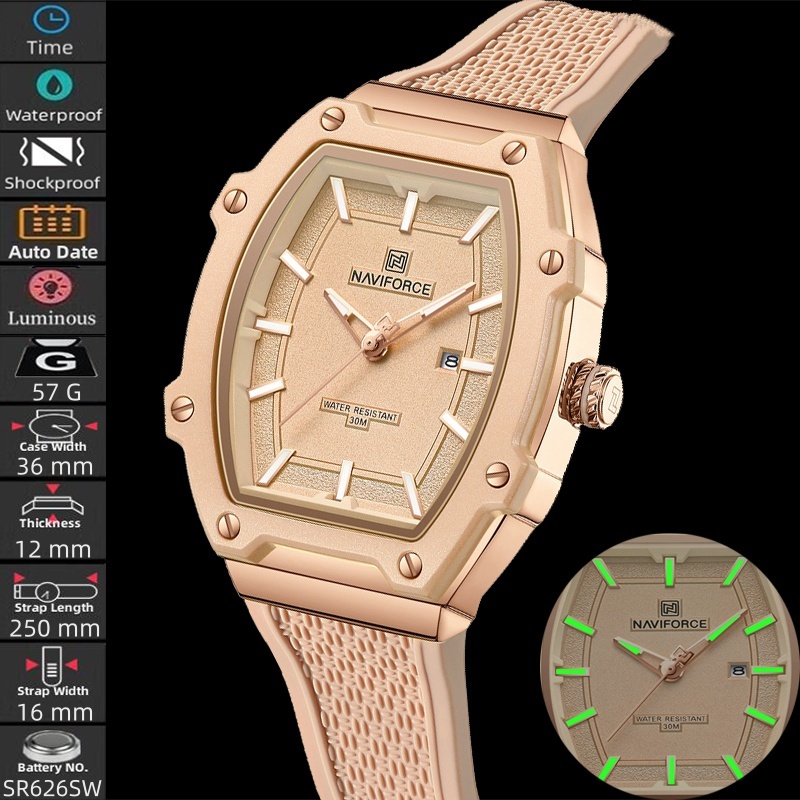 นาวีฟอร์ซ สตรีควอตซ์นาฬิกากันน้ําพร้อมวันที่อัตโนมัติแฟชั่นสายรัดซิลิโคนส่องสว่า