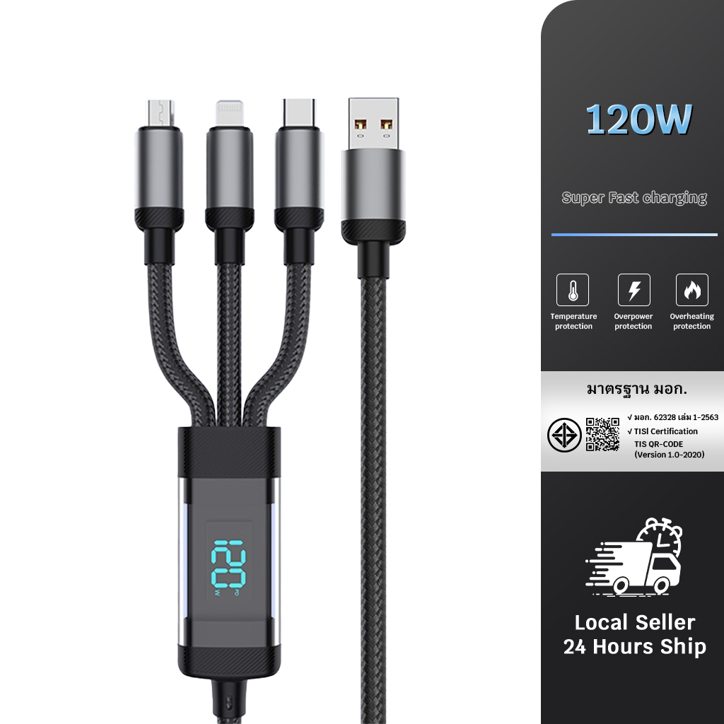 120W สายชาร์จ 3in1 สายชาร์จเร็ว Typec การออกแบบโปร่งใส Fast Charge Superfast Charge Digital Display Cable For