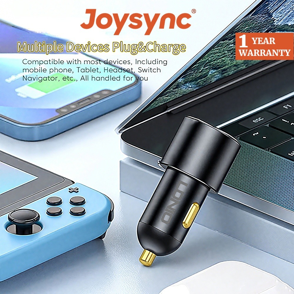 Joyync ที่ชาร์จในรถ 60W PD USB-C + QC3.0 ชาร์จเร็ว พร้อมสาย USB-C to USB-C 1M, Dual Port Car Charger Adapter for iPhone 16/15/15 Pro/15 Pro Max/Plus