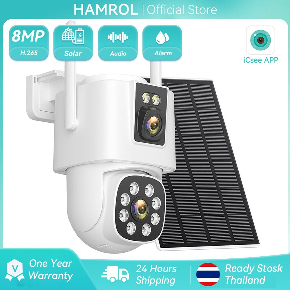 Hamrol 4k 8MP Dual Lens Dual Screen AOV PTZ WiFi แบตเตอรี่พลังงานแสงอาทิตย์กล้อง AI Human Detection กล้องวงจรปิดกลางแจ้ง