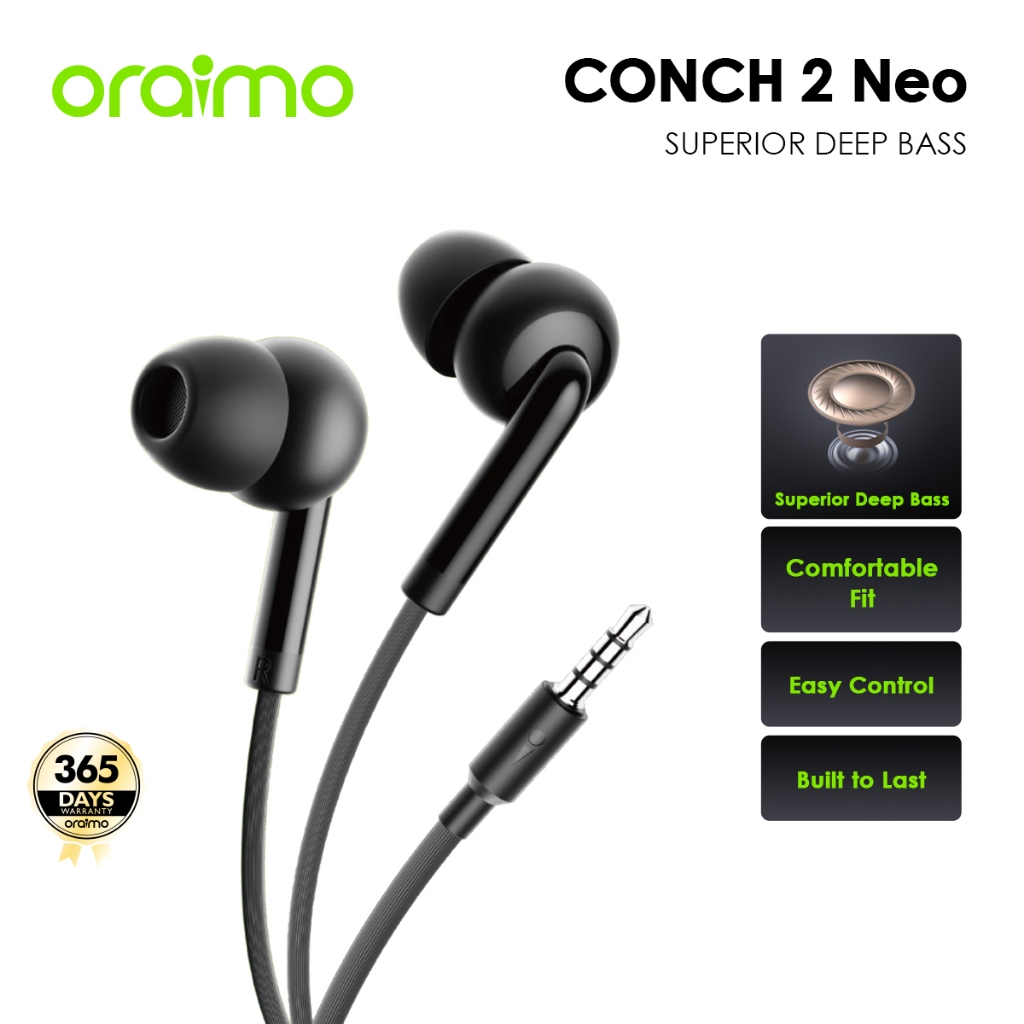 oraimo CONCH 2 Neo OEP-320S หูฟังแบบมีสาย เบสแน่นทรงพลัง   ไมโครโฟนในตัว   ความทนทานที่ดีขึ้น   รีโมตควบคุมด้วยปุ่มเดียว  จุกหูฟังใส่สบาย มีหลายสีให้เลือก