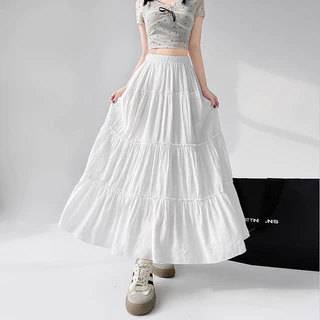พร้อมส่งจากกทม เอวสูงสีขาวผู้หญิงกระโปรงยาว A-Line กระโปรงเค้ก Fairy ความรู้สึกศิลปะกระโปรง
