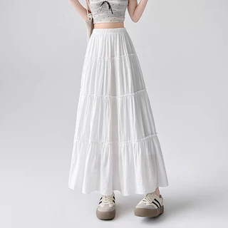 พร้อมส่งจากกทม เอวสูงสีขาวผู้หญิงกระโปรงยาว A-Line กระโปรงเค้ก Fairy ความรู้สึกศิลปะกระโปรง