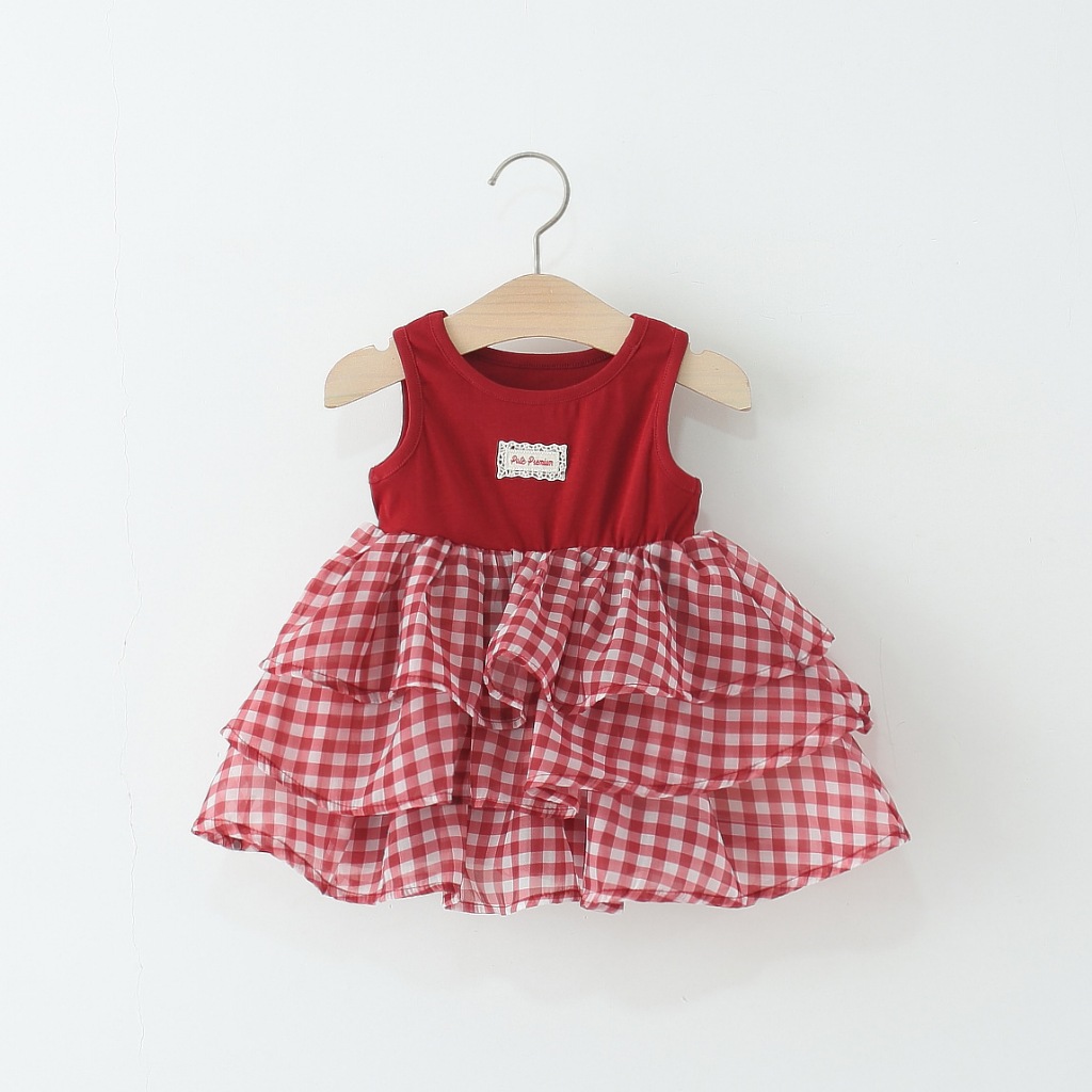 ชุดเด็กผู้หญิงฤดูร้อนใหม่ถักเสื้อกั๊กแขนกุดด้านบนสีแดงตาหมากรุกกระโปรงพองทารกแรกเกิดสวมใส่กลางแจ้งเหมาะสําหรับ 0-4 ปี
