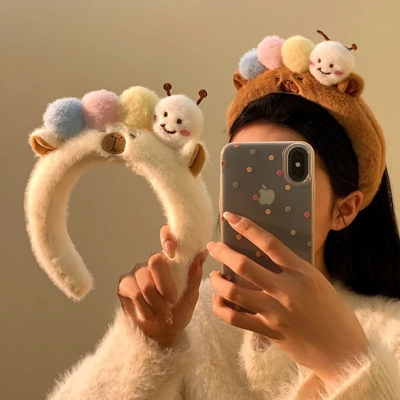 [New] ที่คาดผม Kapibara น่ารักการ์ตูน Caterpillar Headwear ตุ๊กตาสัตว์แถบคาดศีรษะ
