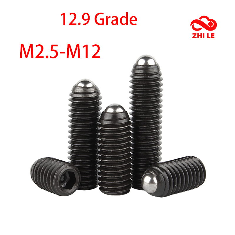 M2.5-M12 Hex ซ็อกเก็ต Grub ฤดูใบไม้ผลิ Ball Plunger สกรูสีดํา 12.9 เกรด Allen หัวหกเหลี่ยมแบน Point End Bolt Headless ชุดสกรู M3 M4 M5 M6 M8 M10