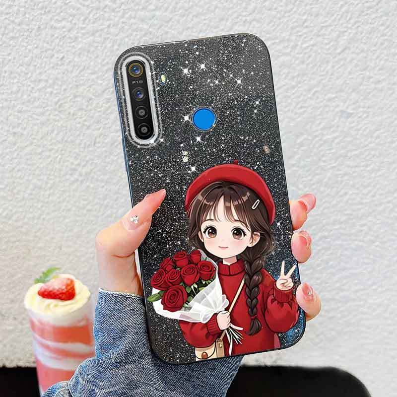 YBDเคสโทรศัพท์สําหรับRealme 5 5i 6i 5S C3 C3i Realme Narzo 10 10A 20Aสาวน่ารักสีแดงเสื้อผ้าถือดอกไม้