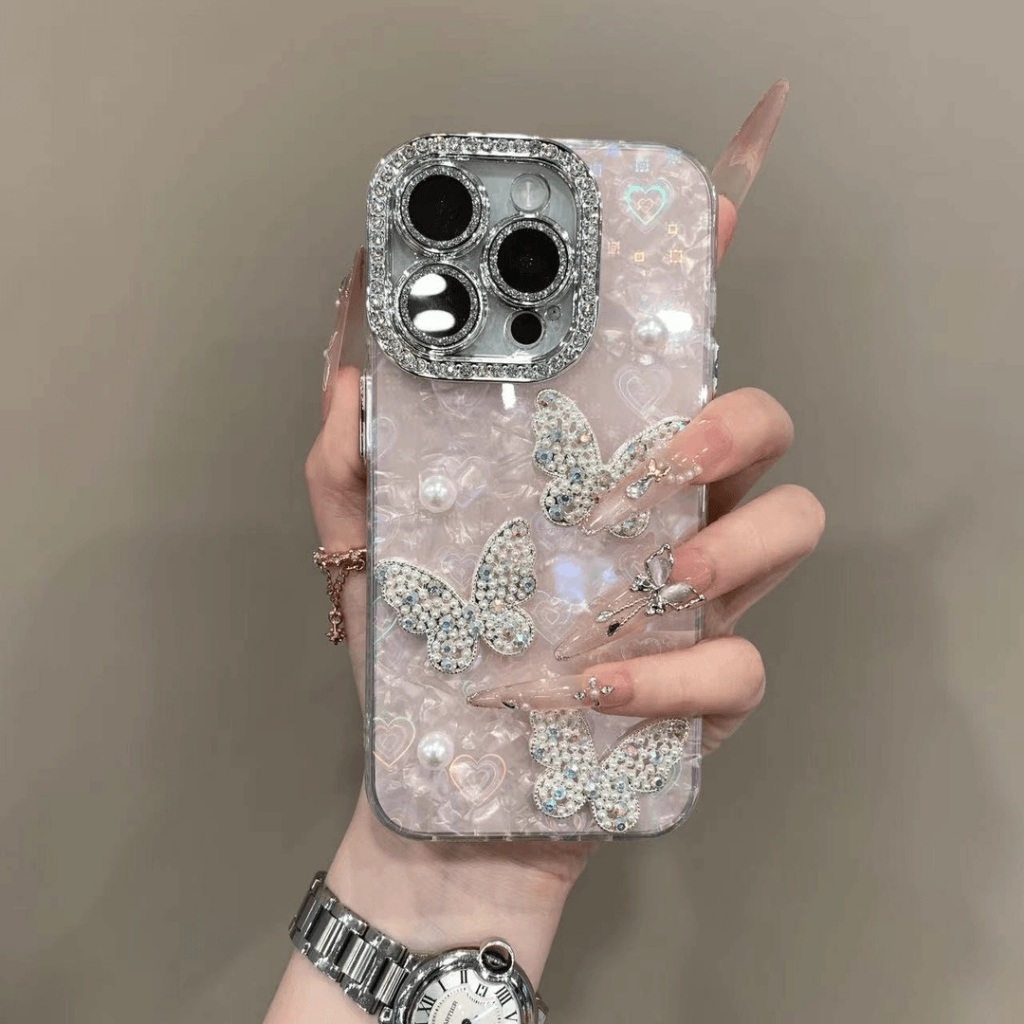3D กระพริบเพชรผีเสื้อมุก IMD เคสโทรศัพท์สําหรับ Iphone17 proamx air 16promax 15 14 13pro max 12 13 12promax 12 11 สาวสวยโทรศัพท์ครอบคลุม