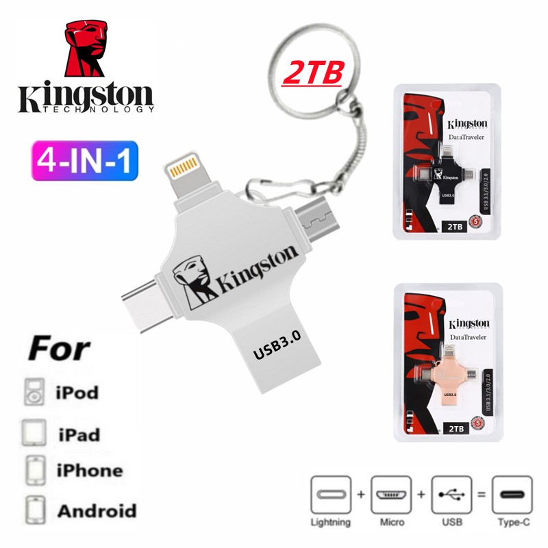 2TB USB3.0 แฟลชไดรฟ์ 4-in-1 โลหะ 1TB 512GB 256GB Otg ไดรฟ์ปากกา 128GB 64G U Disk สําหรับ iP-ho-ne 6 