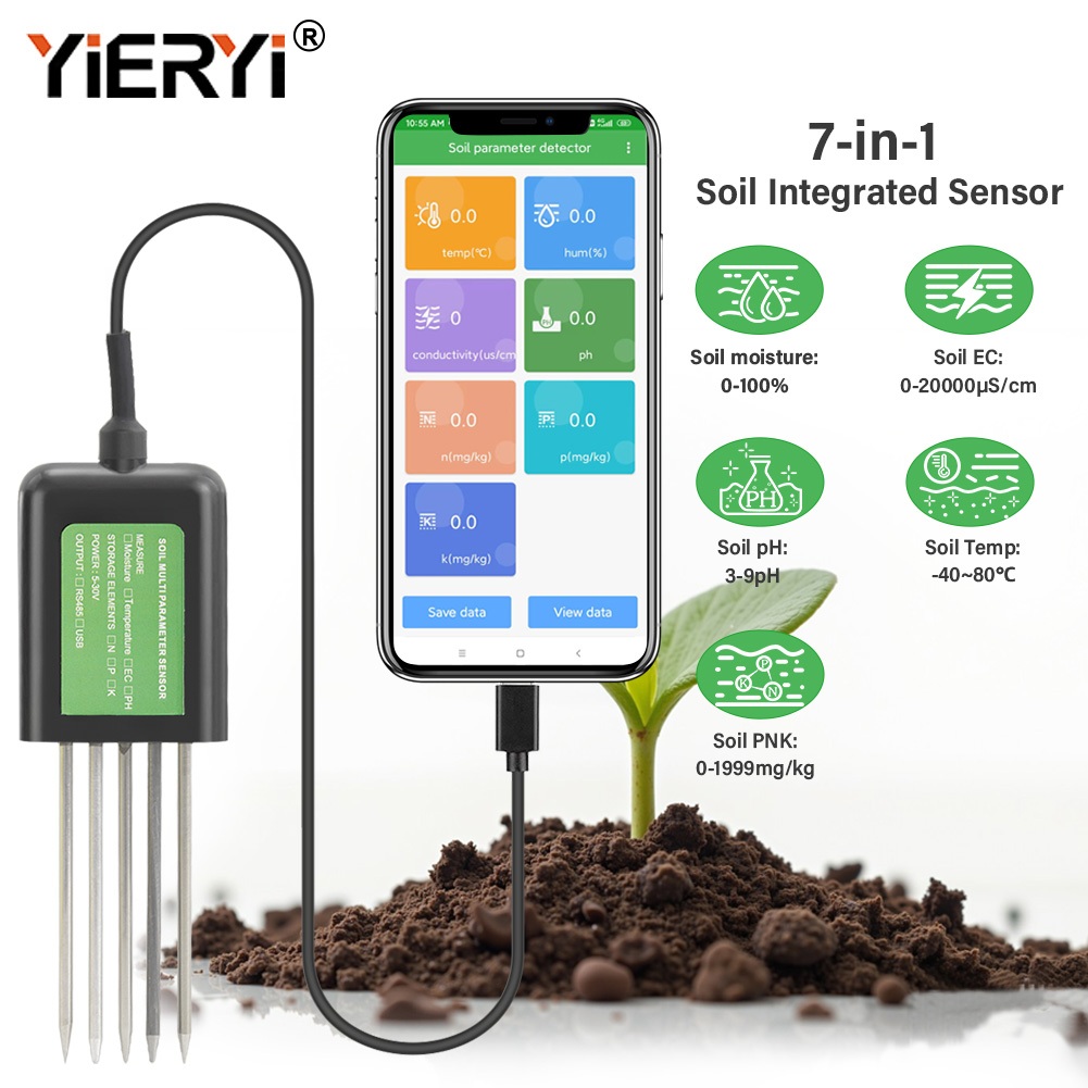 YIERYI 7-in-1 Soil Integrated Sensor EC/PH/NPK/Temp/Humimidity/Fertility Soil Rapid Gauge เหมาะสําหรับการชลประทานประหยัดน้ํา, เรือนกระจก,ดอกไม้และผัก,ทุ่งหญ้า Pasture
