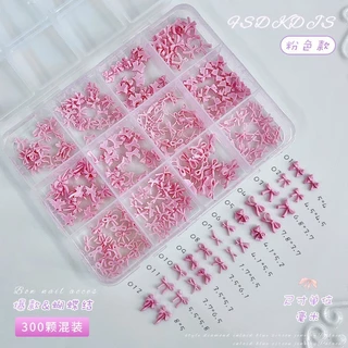 Rou Bao 300 ชิ้น/กล่องเล็บผสมสีสันโบว์สีชมพูสีขาวสีดํา Girly เรซิ่นเล็บ Art DIY Charms ตกแต่ง