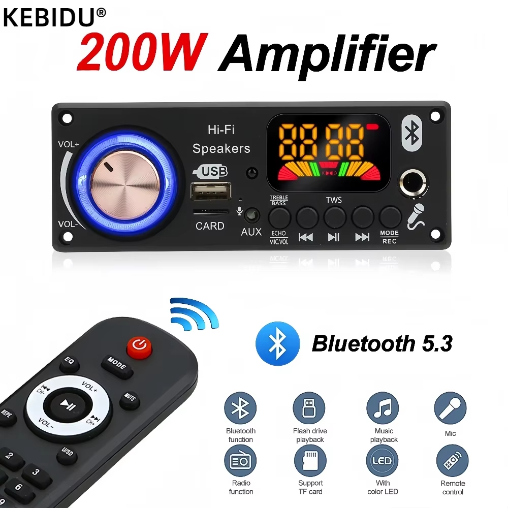 200W 160W เครื่องขยายเสียงบลูทูธ V5.3 DIY MP3 WAV ถอดรหัส DC 7 V-24 V ไร้สายรถ USB MP3 เครื่องเล่น TF Card Slot USB FM พร้อมไมโครโฟน