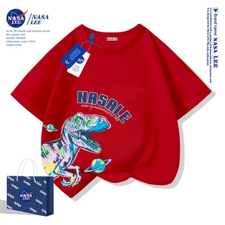 【สินค้าพร้อมส่ง】เสื้อยืดเด็ก NASA ผ้าฝ้ายสีขาวระบายอากาศดี ลายไดโนเสาร์สีสันสดใส แขนสั้นสไตล์สตรีท