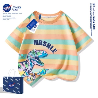 【สินค้าพร้อมส่ง】เสื้อยืดเด็ก NASA ผ้าฝ้ายสีขาวระบายอากาศดี ลายไดโนเสาร์สีสันสดใส แขนสั้นสไตล์สตรีท