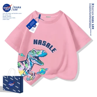 【สินค้าพร้อมส่ง】เสื้อยืดเด็ก NASA ผ้าฝ้ายสีขาวระบายอากาศดี ลายไดโนเสาร์สีสันสดใส แขนสั้นสไตล์สตรีท