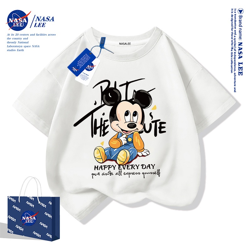 【สินค้าพร้อมส่ง × จัดส่งภายใน 48 ชั่วโมง】เสื้อยืดเด็ก NASA ผ้าฝ้ายสีพีชระบายอากาศดี ลายมิกกี้เมาส์ (Mickey Mouse) แขนสั้นสไตล์สตรีท