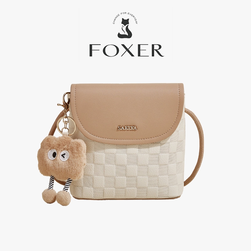 FOXER กระเป๋าสะพายข้างผู้หญิง พรีเมี่ยมหนังแท้แอปริคอท/กากี แฟชั่นกับ