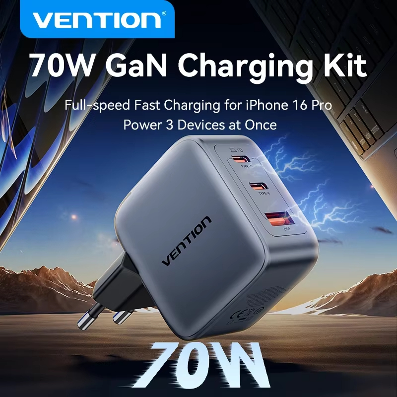 Vention 70W GaN Charger Type C Quick Charge 4.0 3.0 USB Charger สําหรับ iPhone 16 15 14 Pro Macbook 