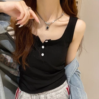 🚀ส่งไว Mini Tank top ครอปกล้ามสีพื้น ตัวสั้น อกแต่งกระดุม 3 เม็ด เซ็กซี่น่ารัก สไตล์เกาหลี