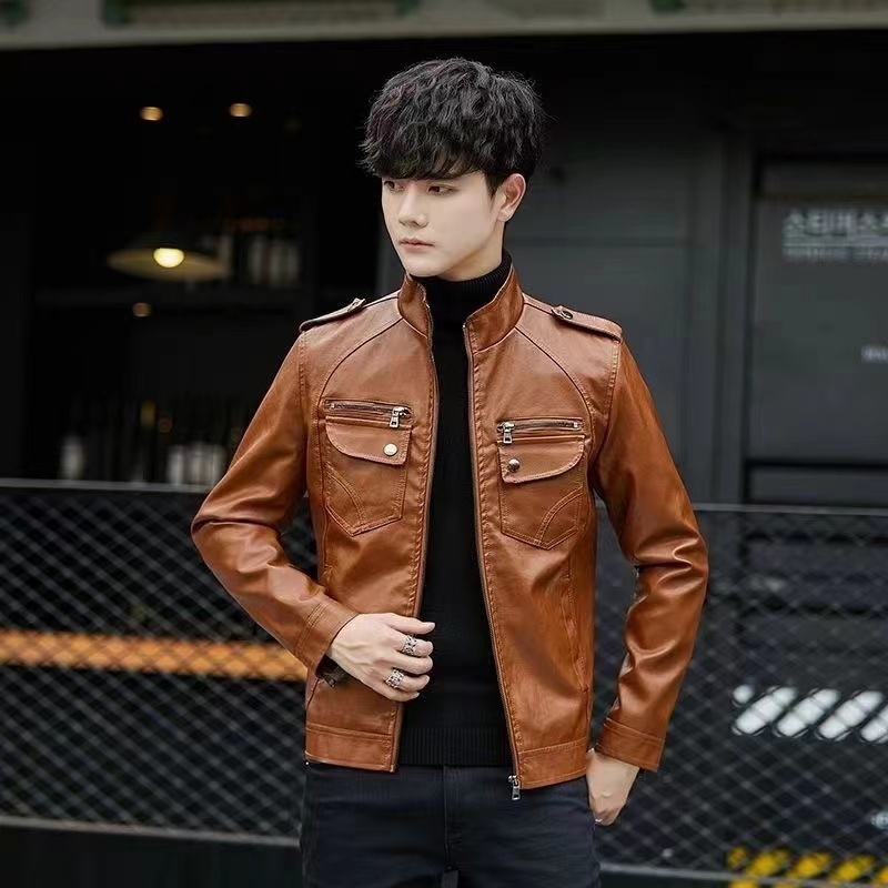 Fashion Slim Fit Bomber Jacket Leather Motor Jacket เสื้อแจ็คเก็ตหนังหนังแกะโบราณ - สไตล์ Retro 70s