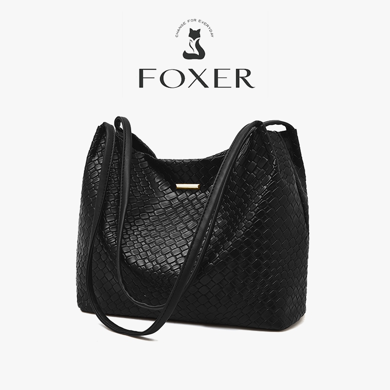 Foxer กระเป๋าโท้ทผู้หญิงไหล่ข้างเดียวสีดําและสีขาวความจุขนาดใหญ่รายวัน