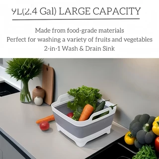 อ่างจานพับได้แบบพกพา Multiuse อ่างอ่างล้างจานพับได้, ชั้นวางจาน, พร้อมปลั๊กระบายน้ํา 9L
