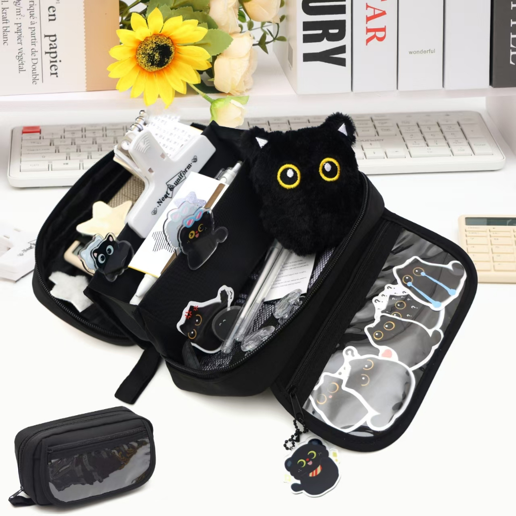 กล่องดินสอภูเขาไฟ 10ชั้นแมวดํา | กระเป๋านักเรียนความจุขนาดใหญ่ | ที่จัดระเบียบการจัดเก็บแบบเปิดกว้าง | ทุกเพศสําหรับเด็กผู้ชายผู้หญิง