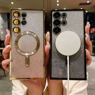 Electroplate Glitter สําหรับ Samsung Galaxy S25 Edge S24 Ultra S25 Ultra S23 Plus S22 S21 S23 FE S20 Plus ไร้สายชุบแม่เหล็กกันกระแทกปลอกอ่อน