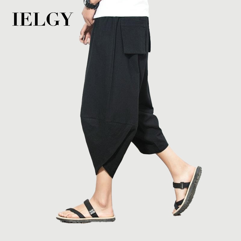 IELGY กางเกงผู้ชายสไตล์จีนฤดูร้อนผ้าลินิน คาปรี กางเกงผู้ชายหลวมขนาดบวกกางเกงขาสั้นฮิปฮอป
