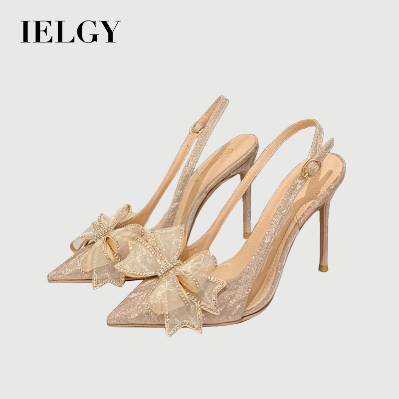 IELGY ฤดูร้อนแชมเปญส้นโบว์ พลอยเทียม รองเท้าแตะกับนิ้วเท้าชี้ส้นกริชกลวงกลับกับกระโปรง