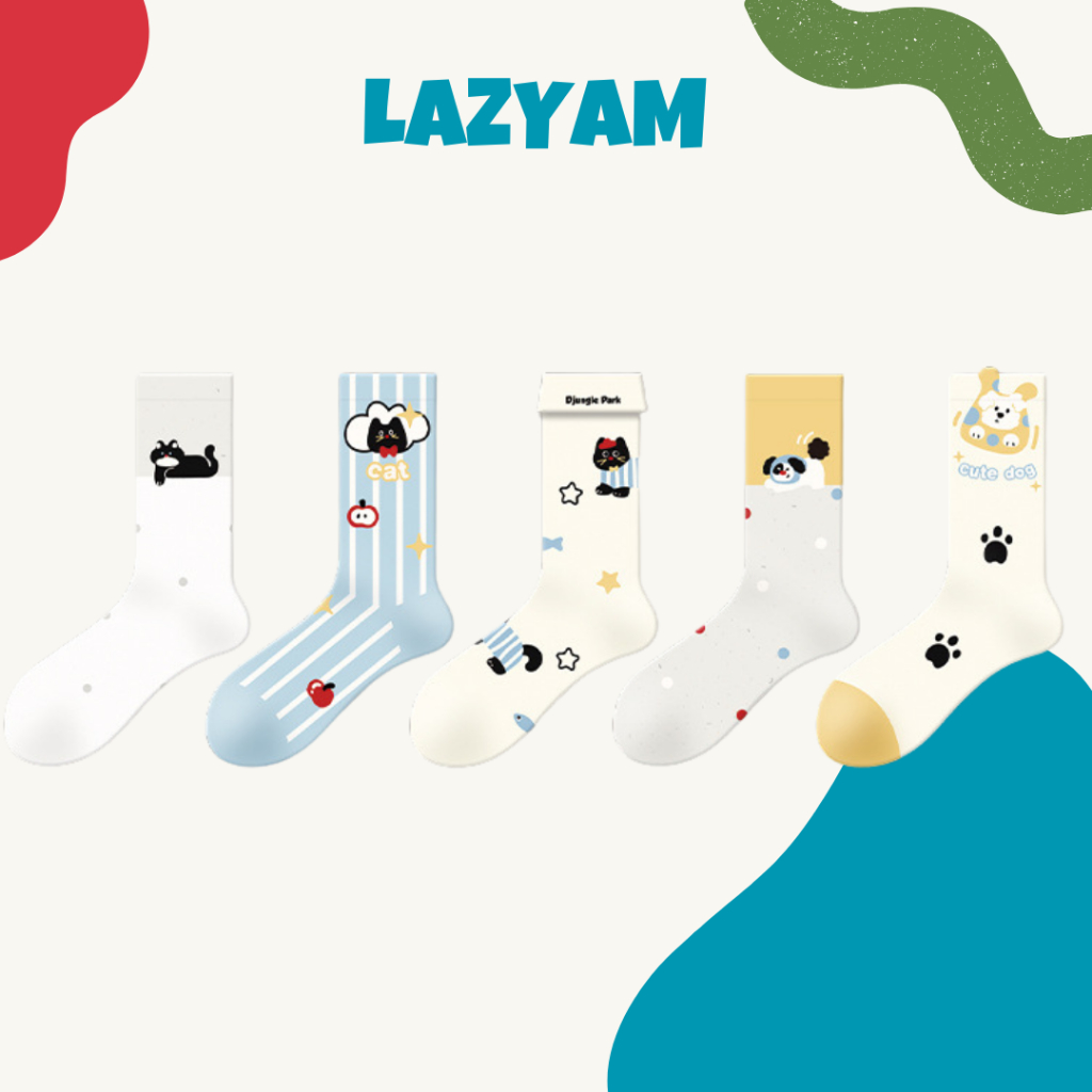 LAZYAM ถุงเท้ากลางน่อง ลายการ์ตูนน่ารัก 2025 ผ้าฝ้ายบาง ไร้ตะเข็บ ใส่สบาย กันลื่น อินเทรนด์