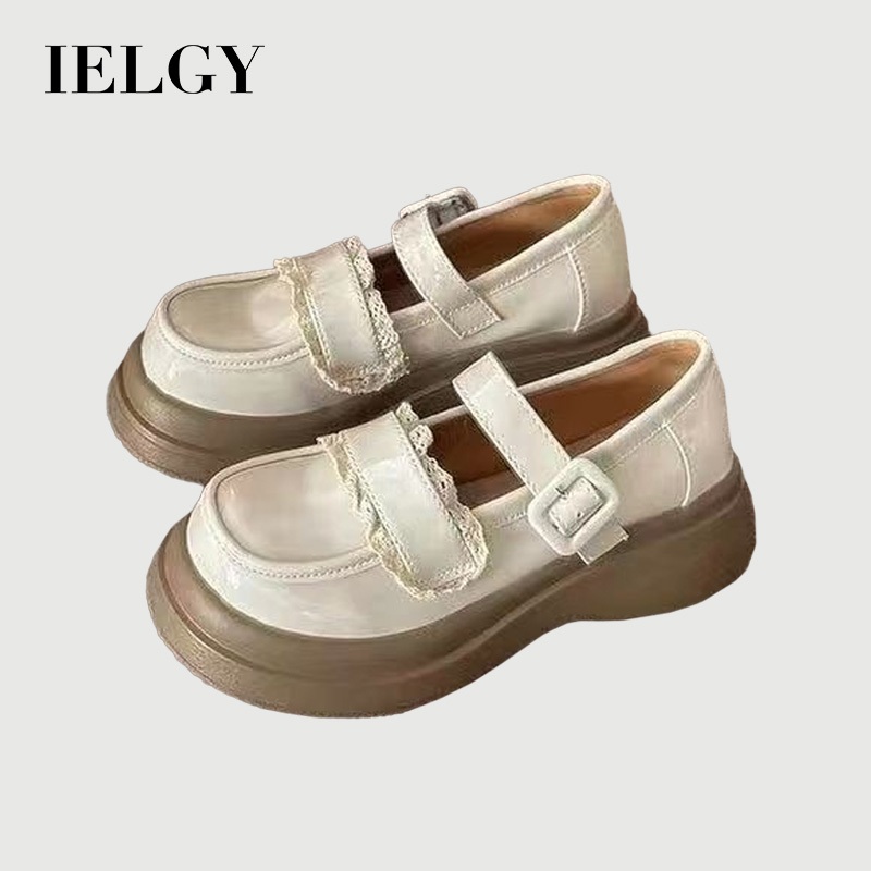 IELGY แพลตฟอร์มลูกไม้ JK Mary Jane รองเท้าไม่มีส้นผู้หญิงรอบ Toe รองเท้าหนังนักเรียนอังกฤษ