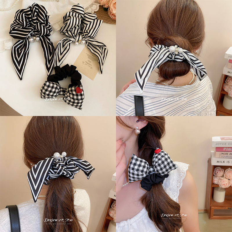 Diamond-Studded ผ้าโบว์มุกลายผ้าพันคอผ้าไหม Scrunchy แหวนผมแฟชั่น Simple Classy เชือกผม