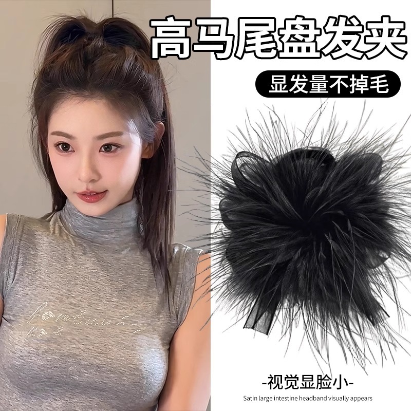 คลิปขนนกโบว์ผ้ากอซสีดํา 2025 สไตล์ใหม่ผมหางม้าสูงคลิปฉลามเครื่องประดับผม