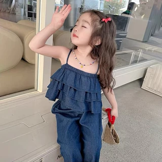 Princess Kesli ชุดเชทเด็กผู้หญิง แขนกุด ผ้ายีนส์ ดเชทเด็ก 2ชิ้น แฟชั่นฤดูร้อน สวมใส่สบาย 1-9ปี