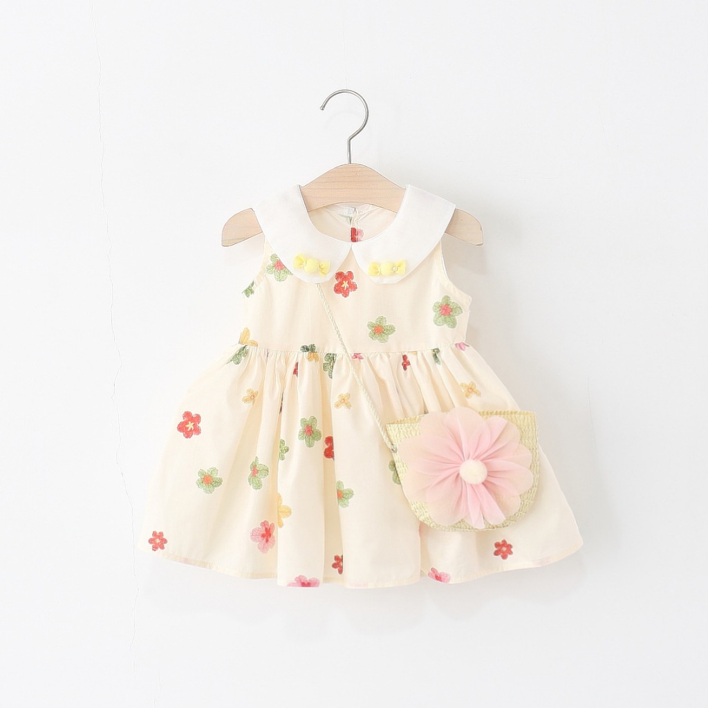 เด็กสาวฤดูร้อนใหม่ชุดโบว์ลูกอมปกแขนกุดเสื้อกั๊กชุดกับกระเป๋าดอกไม้เหมาะสําหรับ0-3ปี