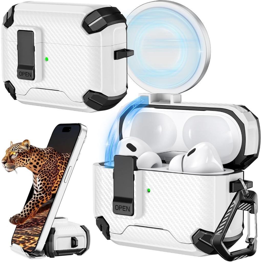 เคสป้องกันสําหรับ AirPods Pro 2nd/1st พร้อมขาตั้งโทรศัพท์และล็อคอัตโนมัติแบบแม่เหล็ก