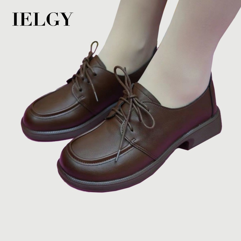 IELGY รองเท้าหนังผูกเชือกสีดําสําหรับผู้หญิงแบบใหม่อเนกประสงค์ส้นเตี้ยนุ่มสบายแบนกันลื่น