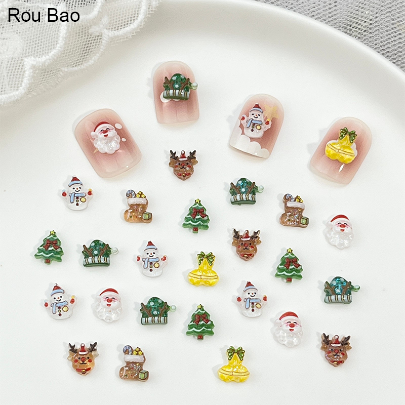 Rou Bao 50 ชิ้น 2025 เล็บใหม่ Mini ขนาดคริสต์มาสน่ารักการ์ตูน Santa Claus Snowman เรซิ่นเล็บ Art DIY Charms ตกแต่ง