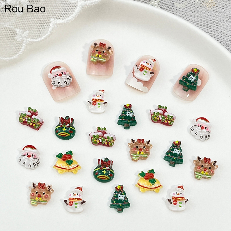 Rou Bao 50 ชิ้น 2025 เล็บใหม่ชุดคริสต์มาสการ์ตูน Santa Claus Snowman Elk เรซิ่นเล็บ Art DIY Charms ตกแต่ง – โปรปัง