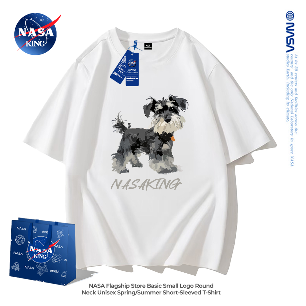 NASA เสื้อยืดแขนสั้น ผ้าฝ้ายแท้ ลายสุนัขชเนาเซอร์ สไตล์เกาหลี ใส่ได้ทั้งชายและหญิง เหมาะสำหรับวัยรุ่นแฟชั่น