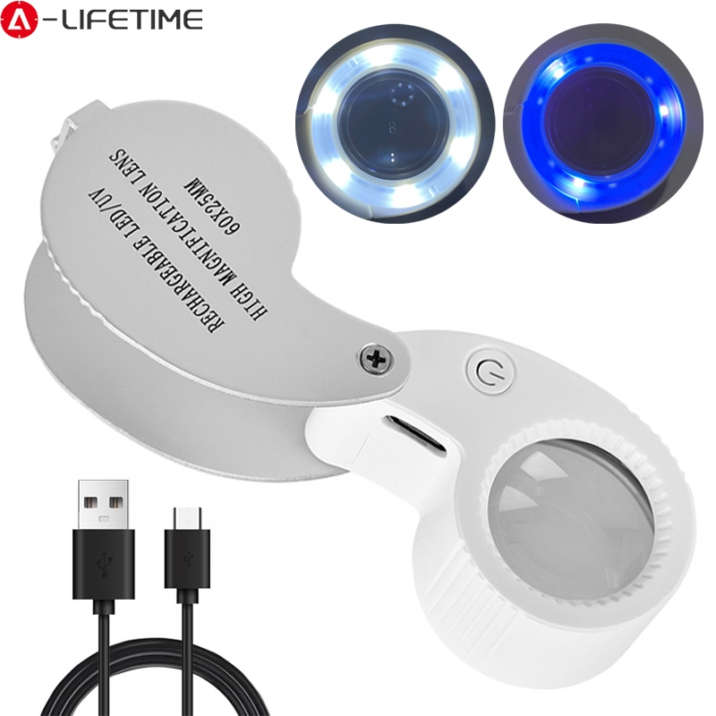 ALIFETIME 40X 60X แว่นขยายเครื่องประดับแบบพับได้ LED/UV Illuminated แว่นขยาย