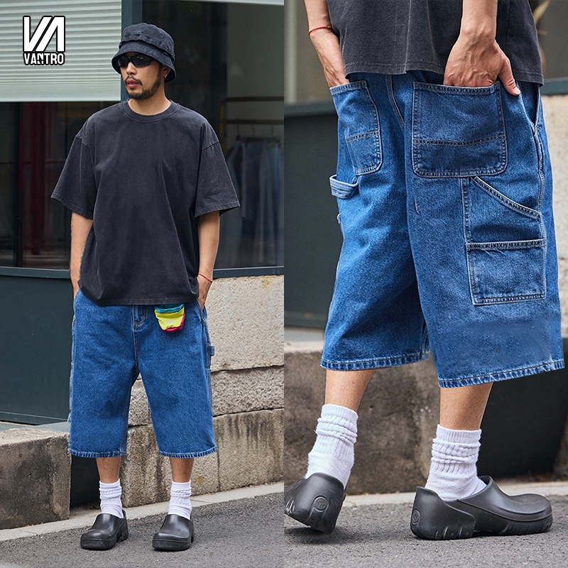 Vantro กางเกงยีนส์ขาสั้นผู้ชาย กระเป๋าหลายใบ เอวกลาง กางเกงขากว้าง นุ่ม ใส่สบาย หลวม ยาวถึงน่อง สีฟ้า
