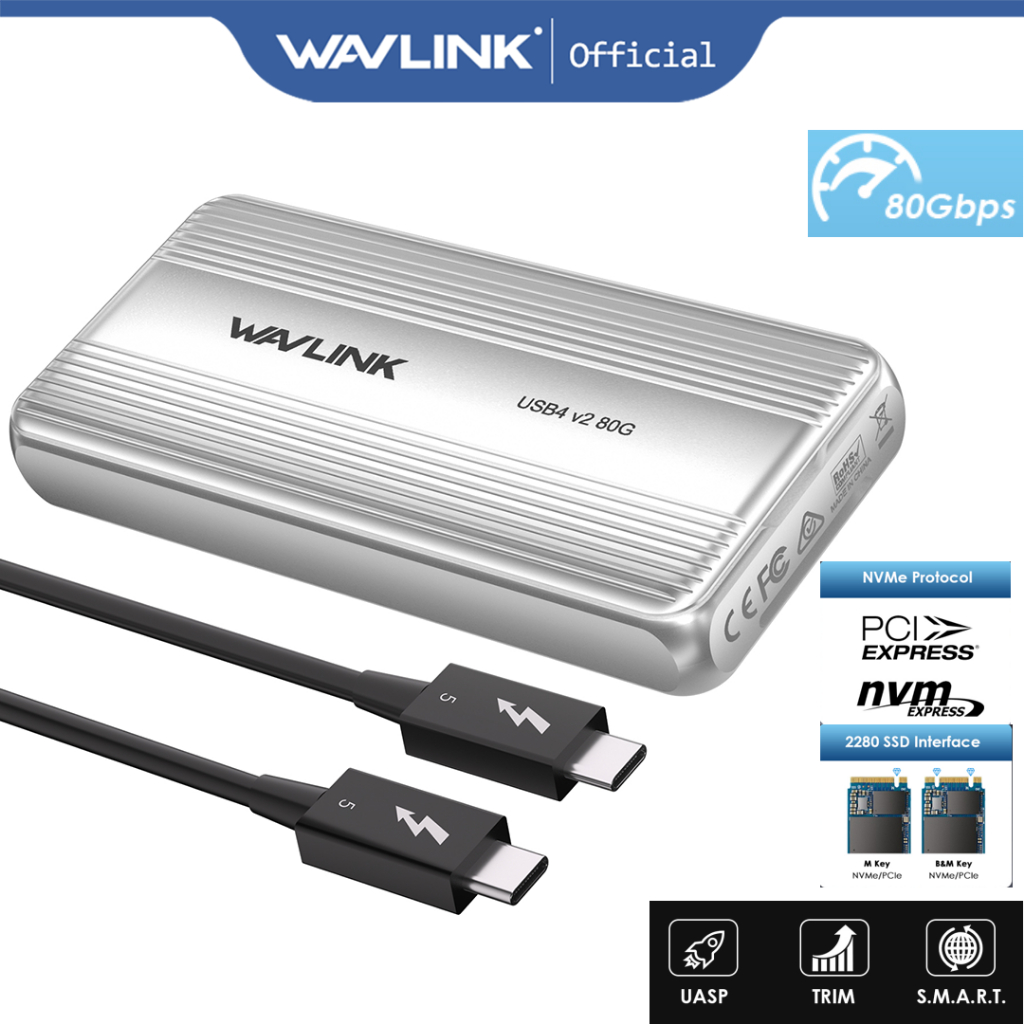 WAVLINK 80Gbps USB4 V2 PCle Gen4 NVMe SSD Enclosure JHL9480 Powered 6000 + MB/S อ่าน 5000 + เมกะไบต์